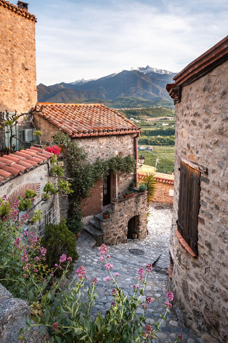 an old stone building with flowers in the foreground and mountains in the back ground