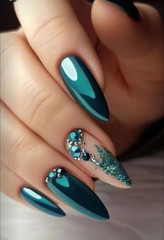 Teal Nails, Xmas Nails, Silver Nails, Bling Nails, Chic Nails, Fancy Nails, Dope Nails, Nail Polishes, Cute Acrylic Nails