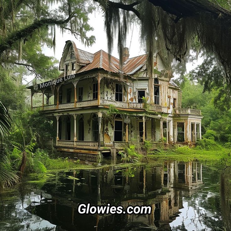 an old house sitting in the middle of a swampy area with moss hanging from it's roof