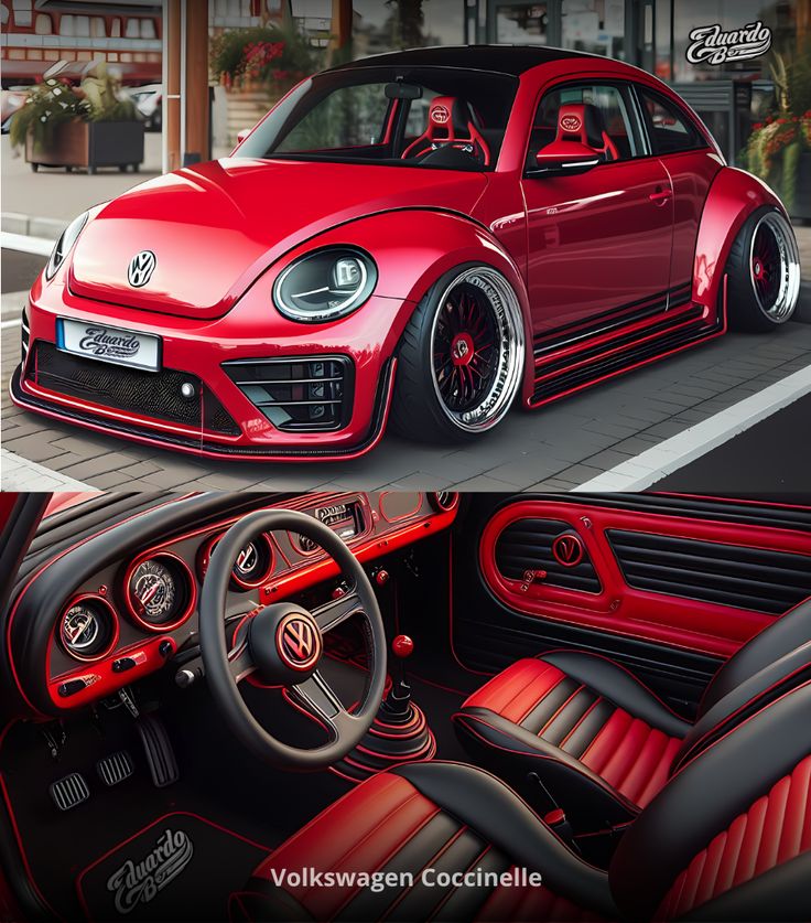 the interior and dashboard of a red volkswagen beetle