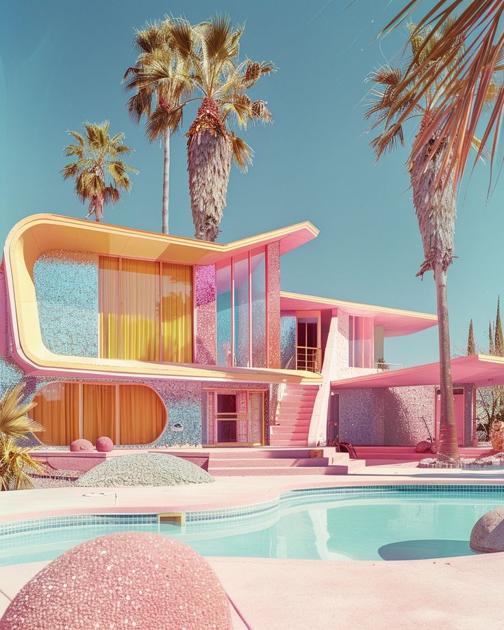 a pink house with palm trees in front of it and a pool area next to it