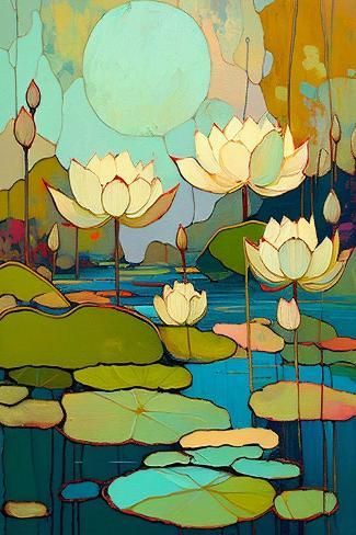 a painting of water lilies in the pond