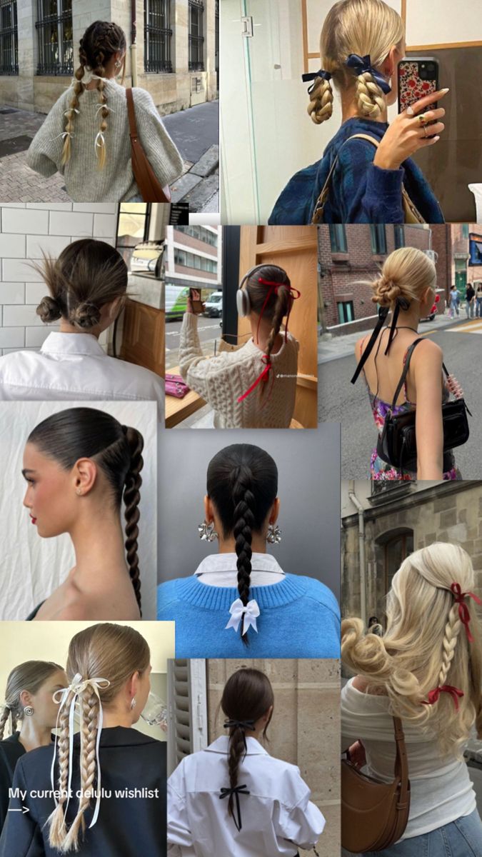 trendy hairstyles inspo, slicked back hair, braided hair, hairstyle with bows Sleek Braided Ponytail, Tutorial Ideas, Bow Hairstyle, Trendy Hairstyle, Ribbon Hairstyle, Hairstyle Tutorial, Slicked Back Hair, Hair Stylies, Slick Hairstyles