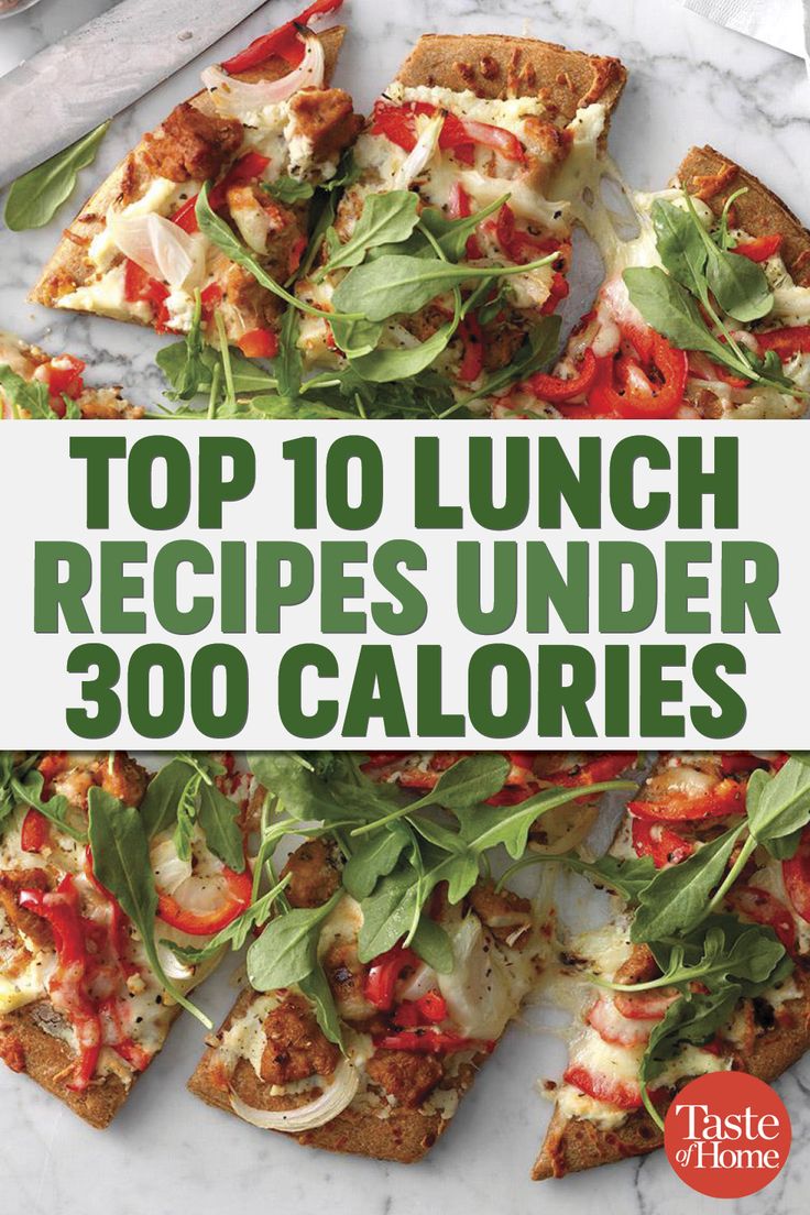 the cover of top 10 lunch recipes under 300 calories, including pizzas and salads