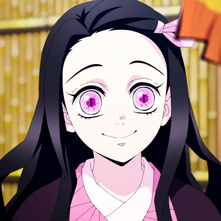 an anime character with pink eyes and long black hair