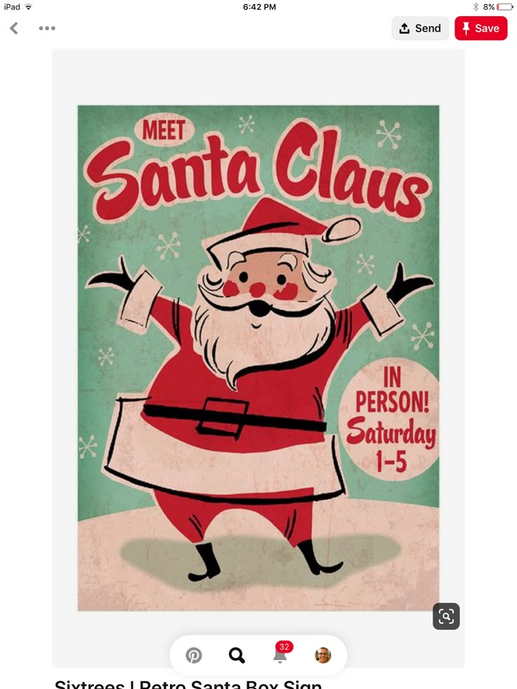 an old fashioned christmas poster with santa claus on it's chest and hands in the air