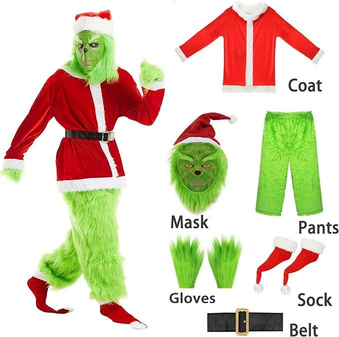 the grin costume is green and has santa claus's hat, pants, boots