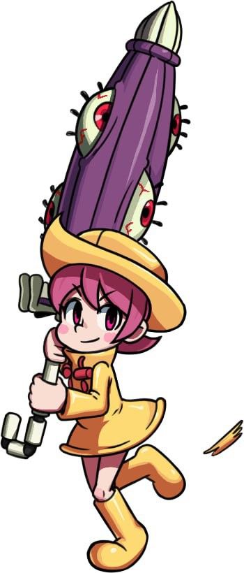 a cartoon character with an umbrella and hat on her head, holding a pipe in one hand