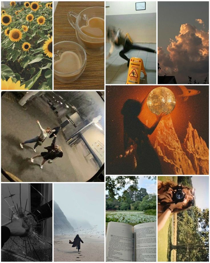 a collage of photos with people and sunflowers in them, including books