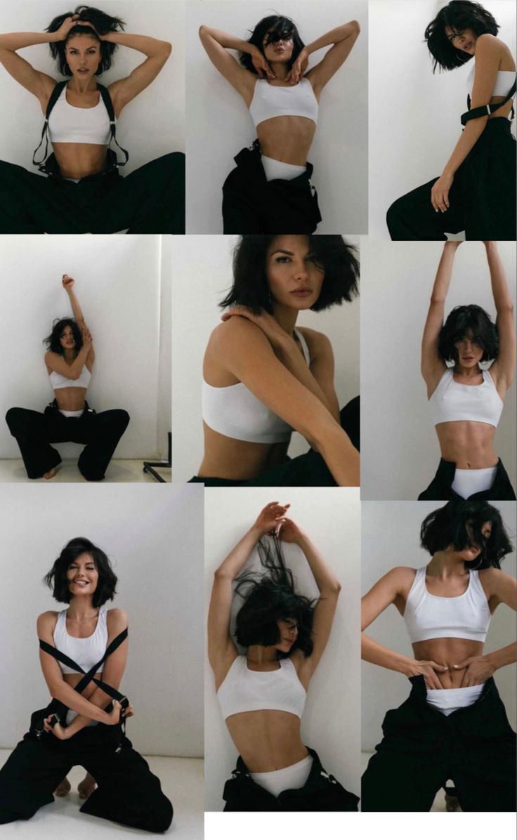 many different pictures of a woman in white top and black pants with her hands on her hips