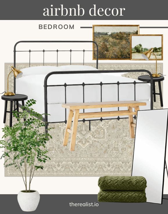 an image of a bedroom with furniture and decor in it, including a bed frame