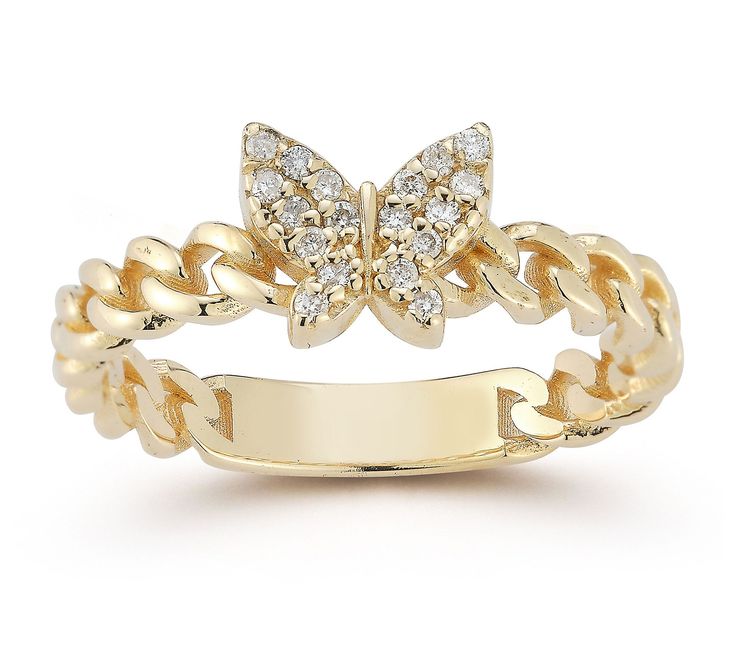 Evoke elegance and charm with the Luminosa Gold Diamond Butterfly Curb Link Ring. This exquisite piece features a curb band adorned with a diamond pave butterfly design at its center, perfect for adding a touch of sparkle to any outfit. From Luminosa. Pretty Quinceanera Dresses, Link Ring, Diamond Butterfly, Linking Rings, Butterfly Design, Quinceanera Dresses, Pretty Jewellery, Jewelry Lover, Quinceanera