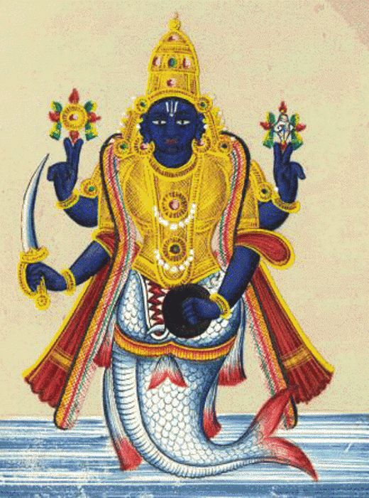 an image of the hindu god sitting on top of a fish with two hands in each hand