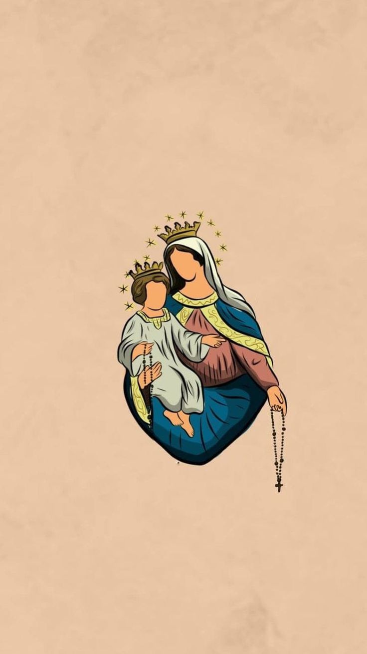 the virgin mary and child jesus are depicted in this hand drawn illustration, which appears to be painted on paper