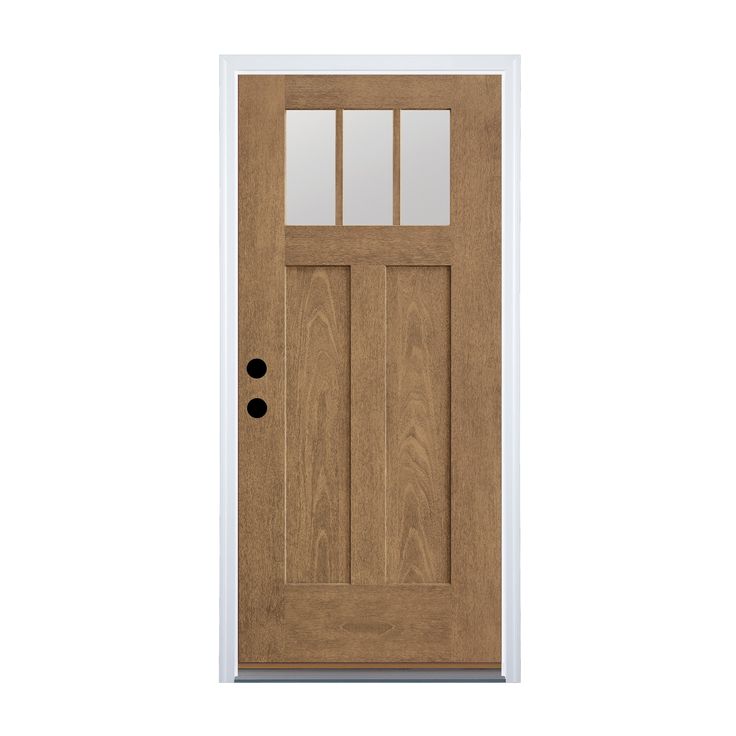 a wooden door with two glass panels on the top and bottom panel, against a white background