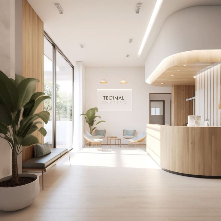 an office lobby with white walls and wood accents, large plant in the foreground