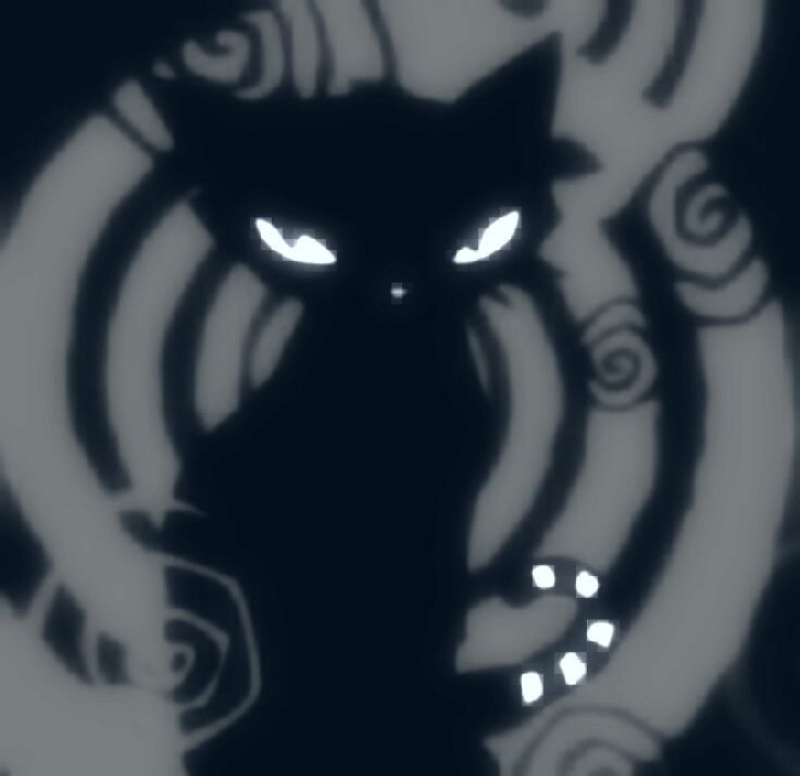 a black cat with glowing eyes and swirls around it's neck is in the dark