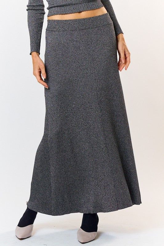 Lurex Metallic Flared Maxi Skirt Medium Weight Knit Elastic Waistband Elegant Knit Bottoms For Winter, Winter Full Length Stretch Maxi Skirt, Winter Stretch Maxi Skirt, Winter Full Length Stretch Skirt, Winter Stretch Lined Skirt, Elegant Full Length Winter Skirt, Winter Full Length Fitted Maxi Skirt, Chic Knit Skirt For Winter, Winter Long Stretch Skirt