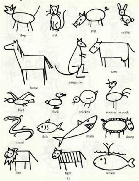 an image of animals and their names in black ink on white paper with some type of writing