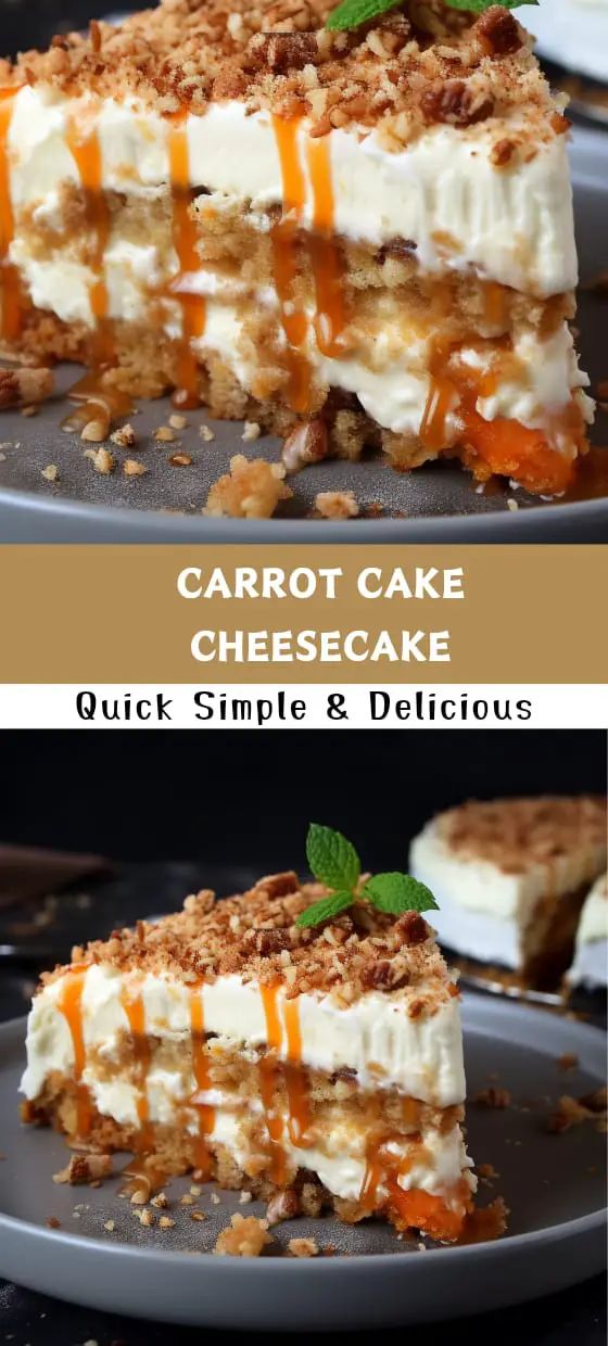 two pictures of carrot cake with cheesecake toppings on top and another photo of the same dessert