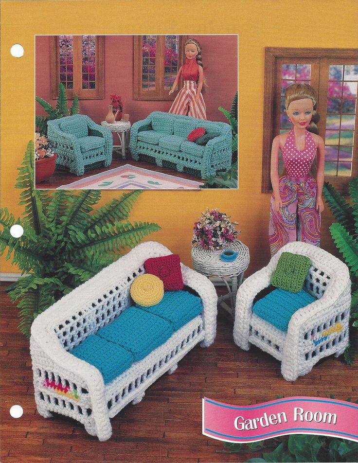 an advertisement for a doll house with two couches and a table in the background