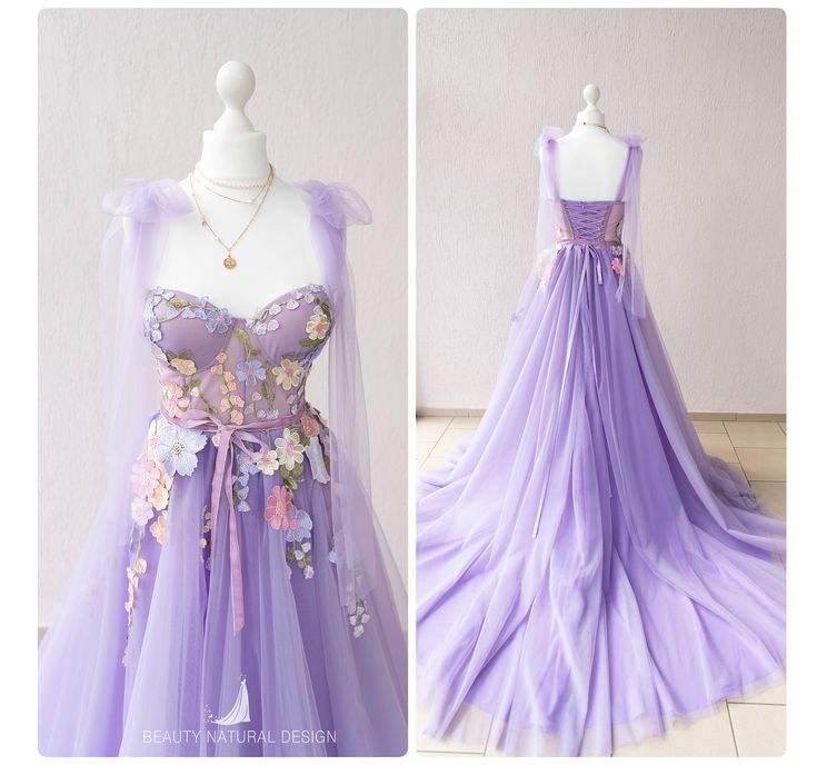 the dress is purple and has flowers on it