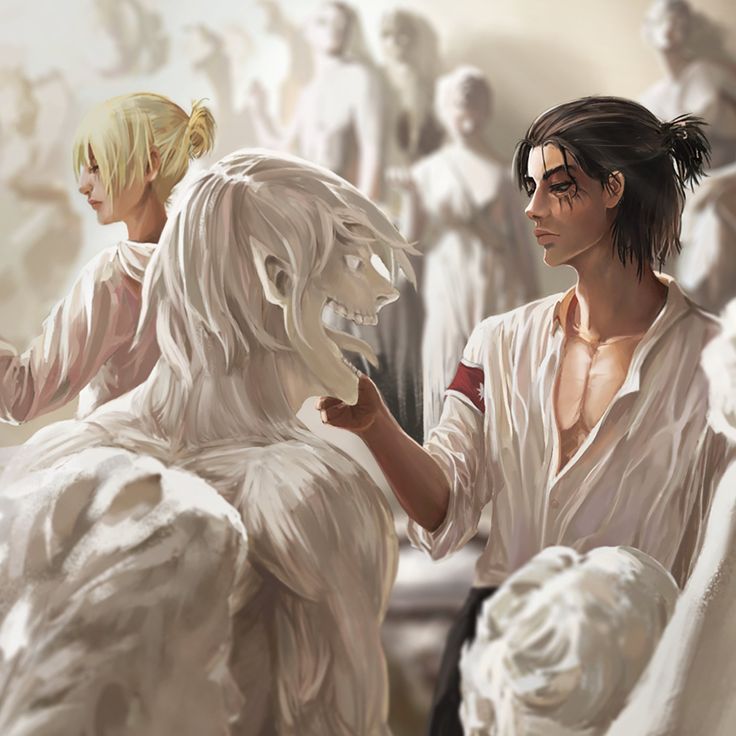 two people standing next to each other in front of white statues and one person holding a phone