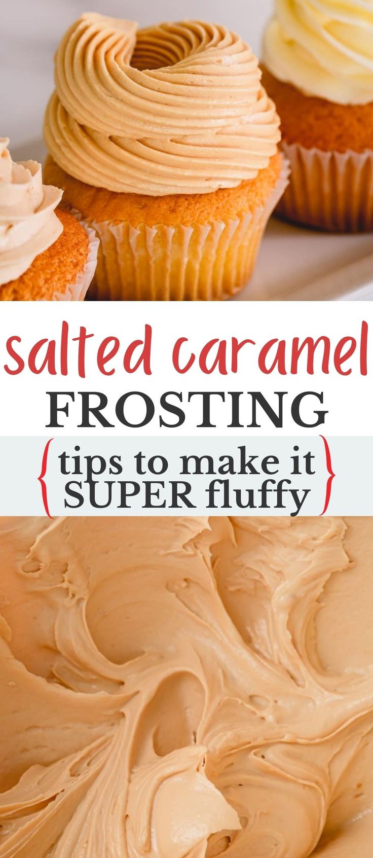 Image of a cupcake with Salted Caramel Buttercream Frosting on it and bottom image showing how fluffy the frosting is. Caramel Buttercream Frosting Recipe, Salted Caramel Frosting Recipe, Apple Frosting Recipes, Salted Caramel Frosting Buttercream, Flavored Icing Recipe, Flavored Buttercream Frosting Recipe, Frosting Recipes Easy Powdered Sugar, Buttercream Frosting Flavors, Pecan Buttercream Frosting