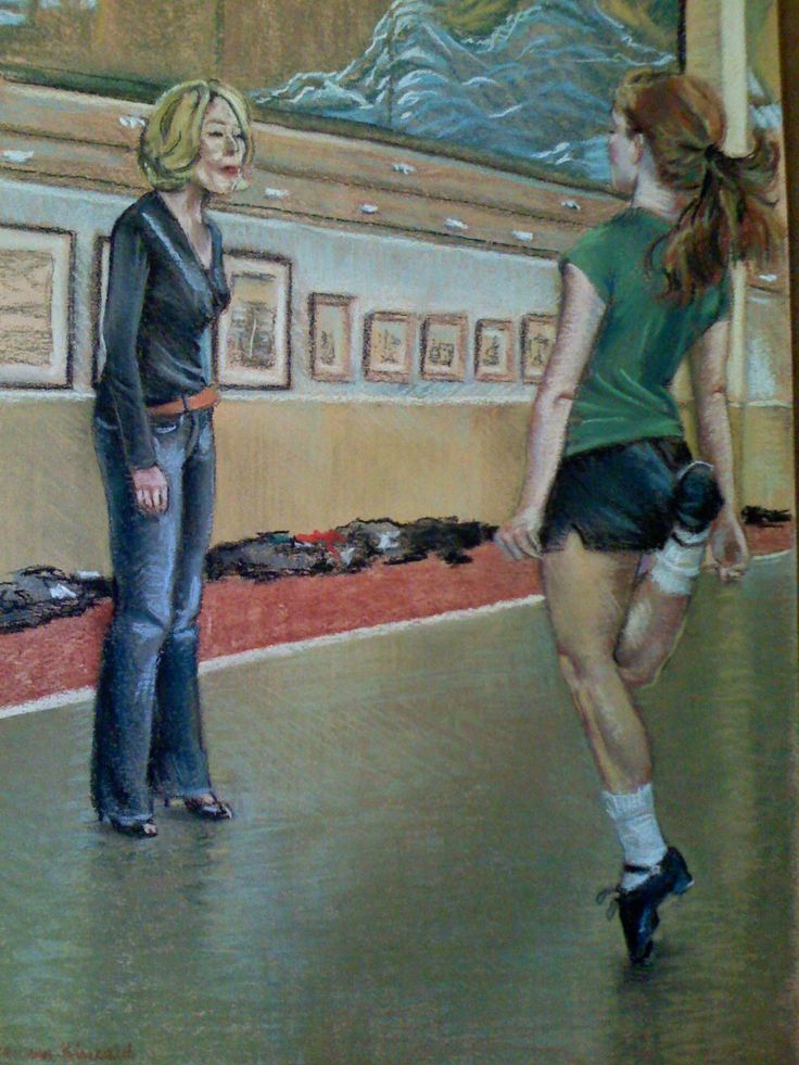 a painting of two women riding roller skates in a room with paintings on the wall