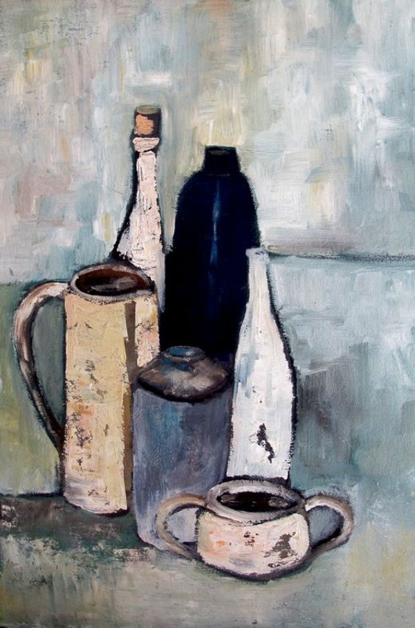 a painting of coffee cups and bottles on a table