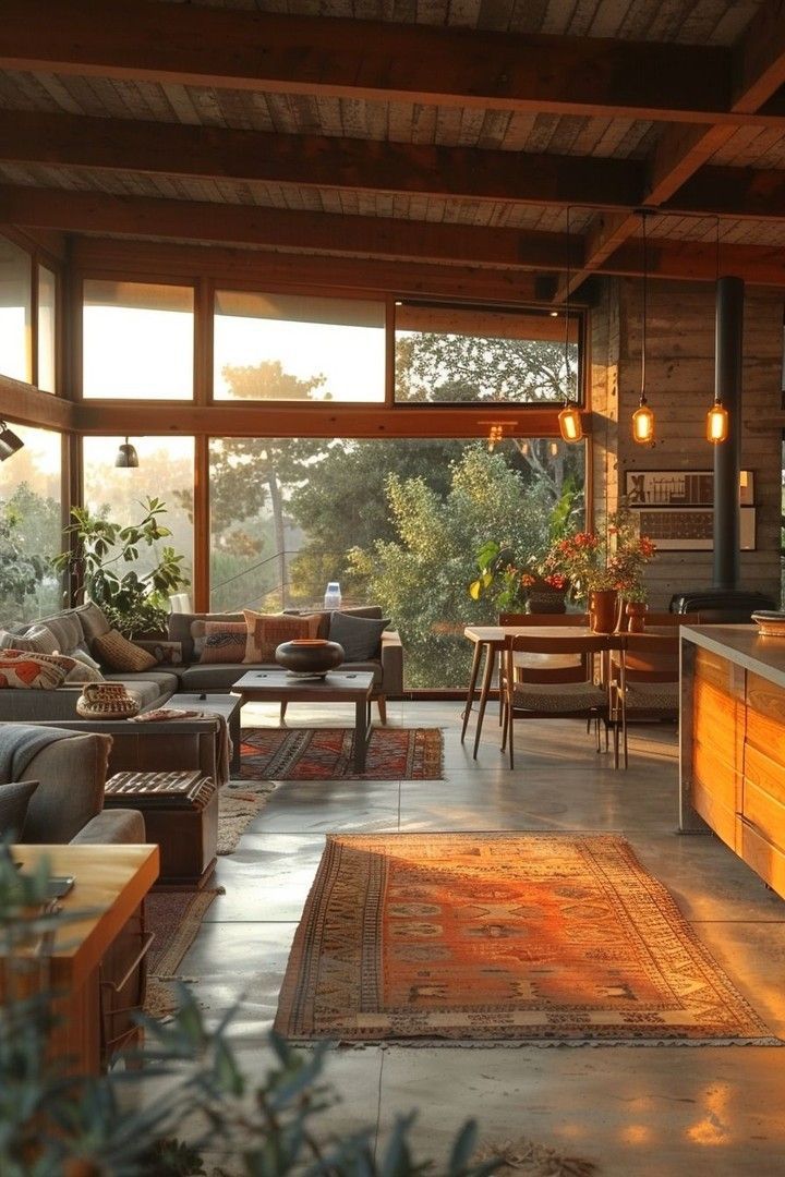 a living room filled with furniture and lots of windows next to a wooden floor covered in plants