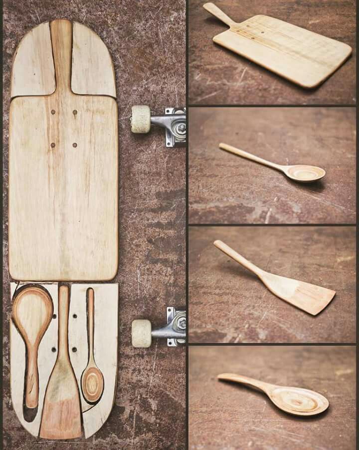 several pictures of wooden utensils and spoons laid out on a table top