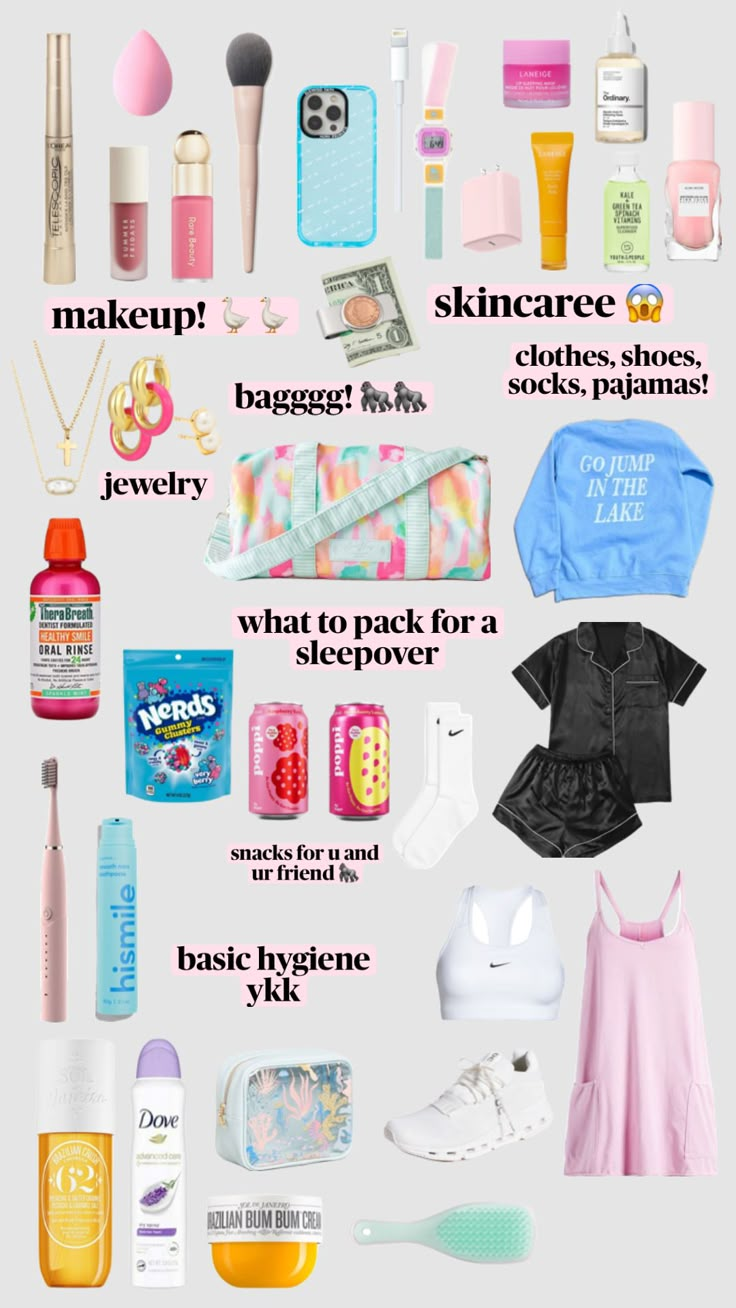 sleepover bag!! 🦍🪿🦍🪿🐀🐀 #fyp Pack For A Sleepover, Sleepover Packing, Sleepover Packing List, Preppy Shopping, Summer Sleepover, Trip Necessities, Hang Out Ideas, Road Trip Necessities, Trip Essentials Packing Lists