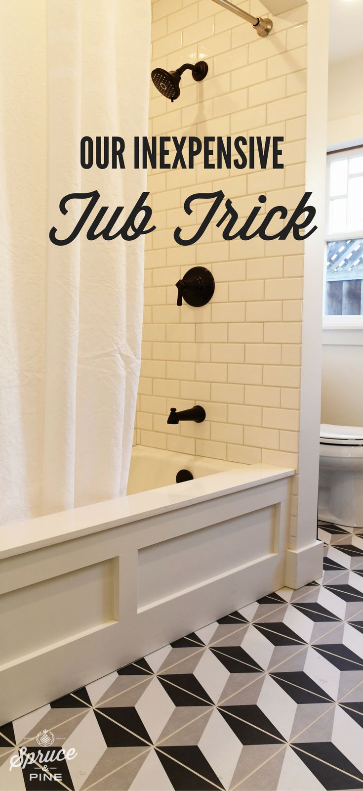 a bathroom with a black and white checkered floor, shower curtain, and bathtub