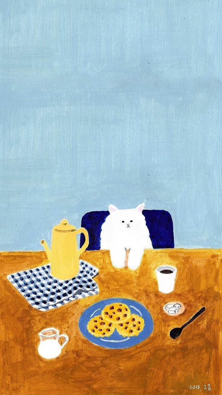 a painting of a dog sitting at a table with food and drinks on the table