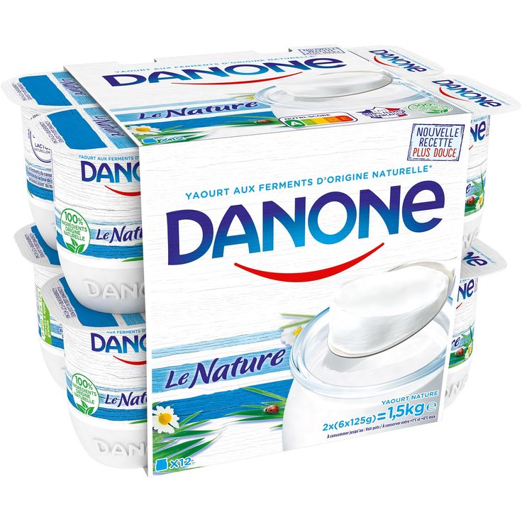 three boxes of danone yogurt are stacked on top of eachother