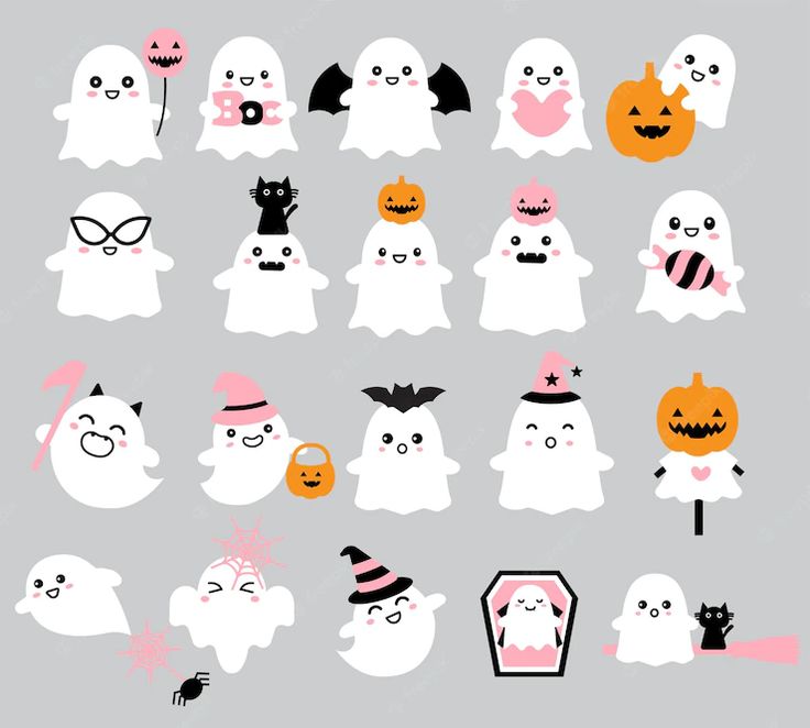 a collection of halloween ghost cliparts on a gray background with pink and orange accents