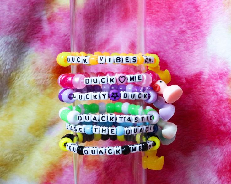 Handmade Kandi bead bracelets are the perfect accessory to any rave or festival outfit! Hand them out to friends, trade them, leave them at a "Take One Leave One" table!  -Each purchase includes the six Duck Bracelets. Sayings on the bracelets include: -"Duck Vibes Only" -"Quacktastic" -"Duck Me" -"Release the Quackin" -"Lucky Duck" -"You Quack Me Up" -Made with plastic pony beads and 1mm stretchy black fabric covered elastic. -Each bracelet measures around 6.5-7 inches, message me your wrist si Funny Kandi Bracelets Sayings, Funny Kandi Bracelets, Duck Bracelet, Rave Bracelets, Kandi Necklace, Kandi Inspo, Festival Bracelets, Kandi Ideas, Kandi Cuff