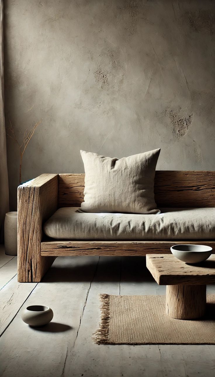 a wooden couch sitting on top of a white floor next to a bowl and table