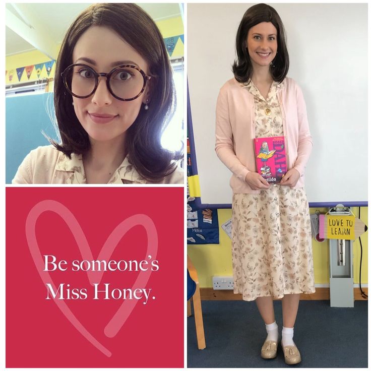 a woman wearing glasses and holding a book in front of her face with the words be someone's miss honey on it