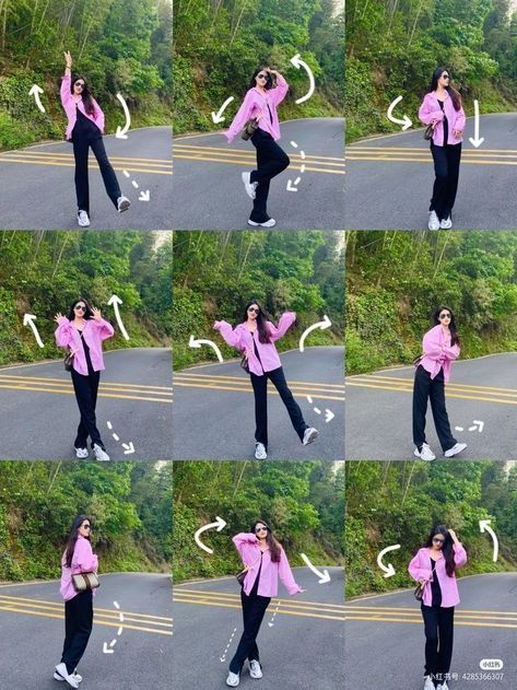 a woman in pink jacket and black pants doing different poses on the side of the road