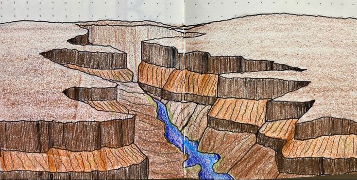 a drawing of a canyon with water coming out of it