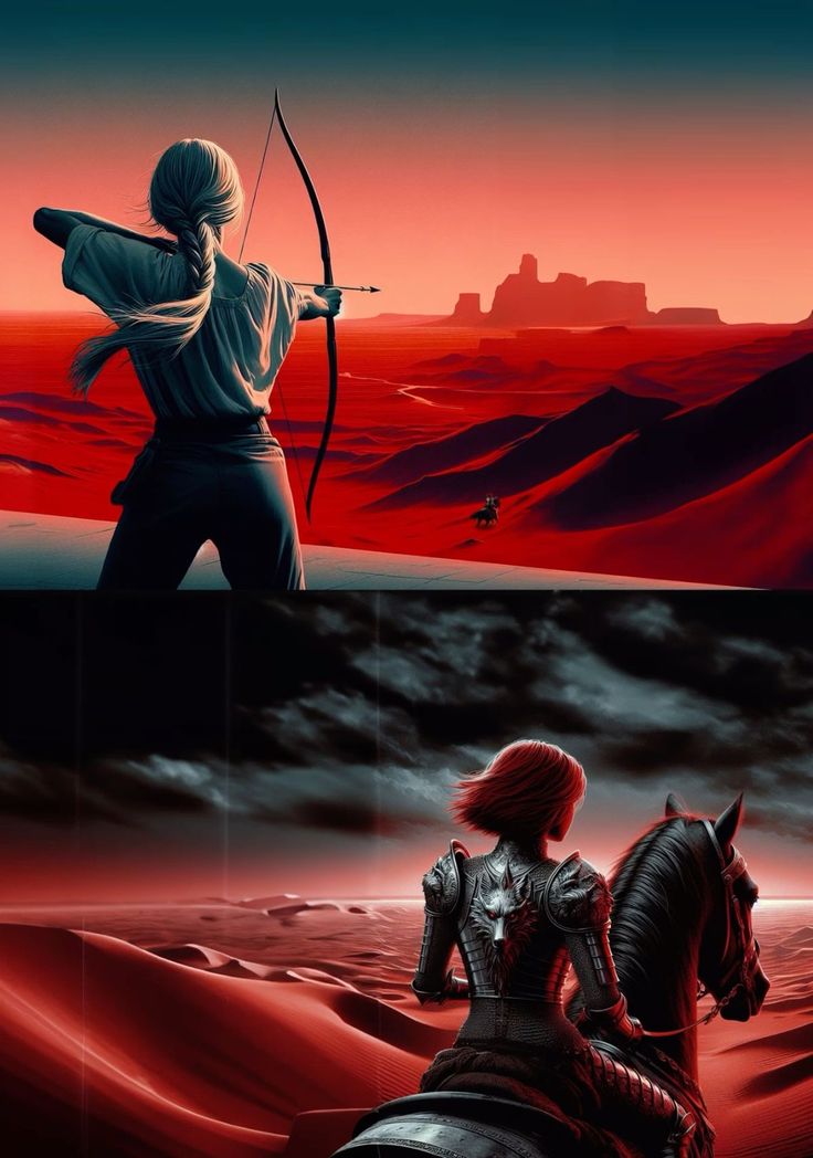 two pictures one with an arrow and the other with a woman riding a horse in desert