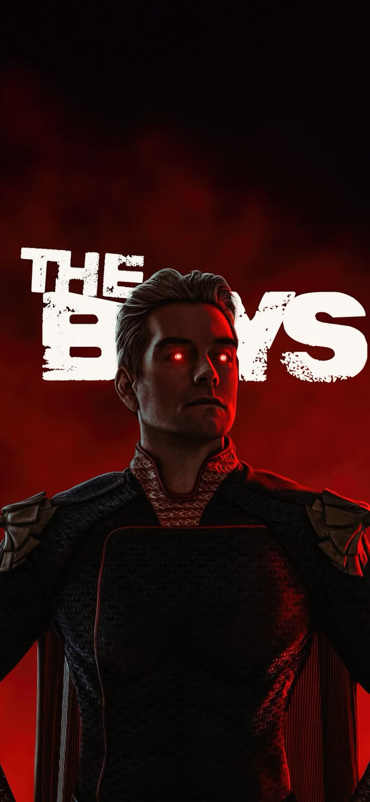 the boys movie poster with man standing in front of red background