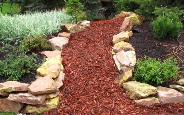 a garden path made out of rocks and mulch