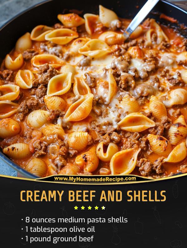 a skillet filled with pasta and beef is featured in the ad for creamy beef and shells