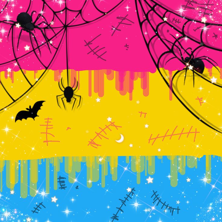 an abstract background with spider webs, bats and stars in pink, yellow, blue, and green