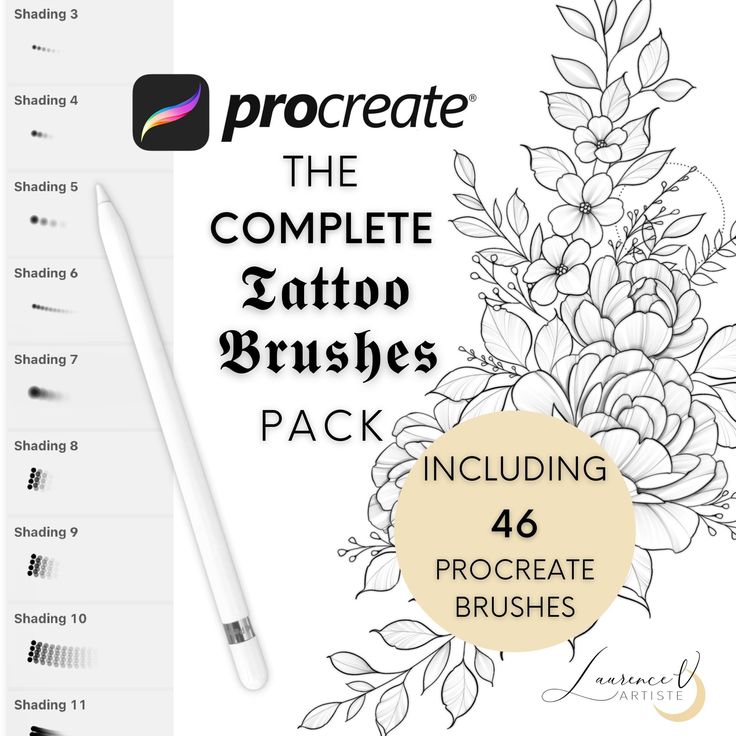 the complete tattoo brush set includes 4 procreate brushes and 2 inking pens