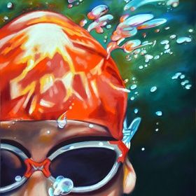 a painting of a boy wearing swimming goggles and a red hat under the water