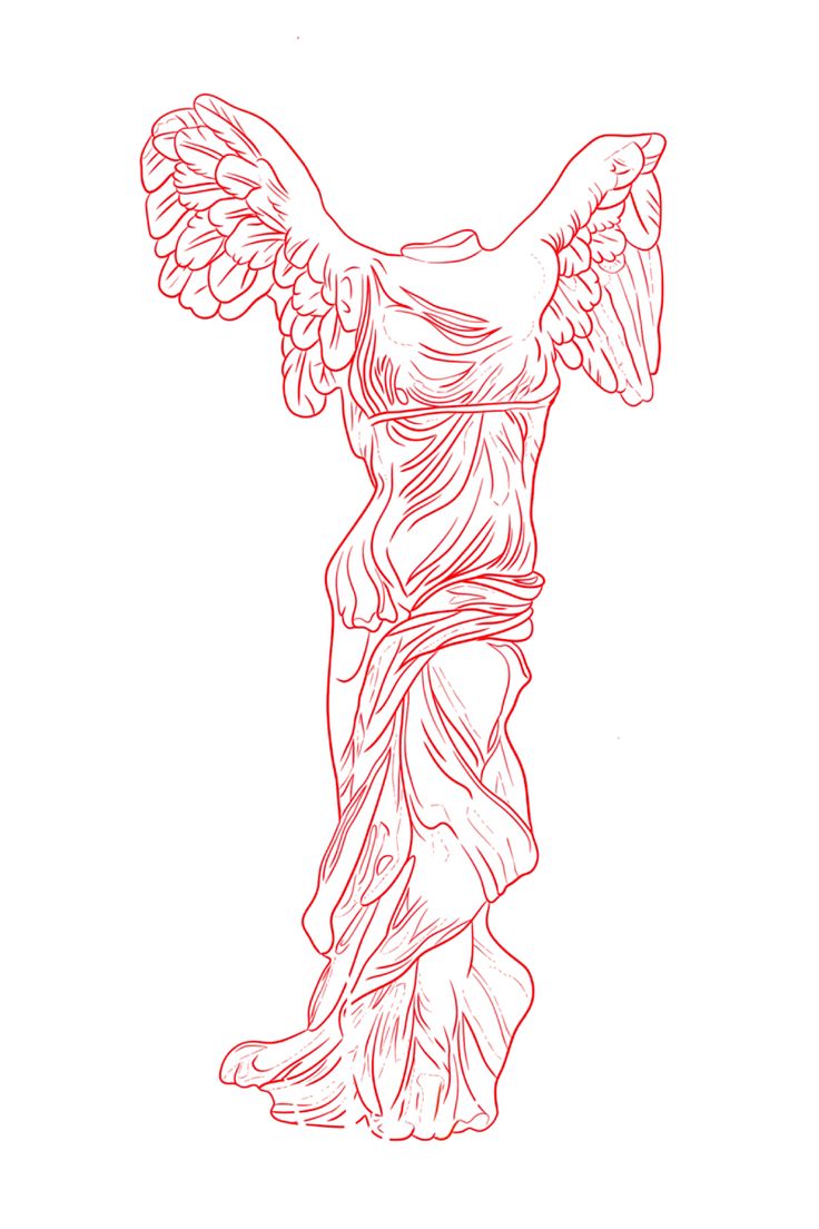 a drawing of an angel with wings on it's back and arms, standing in front of a white background